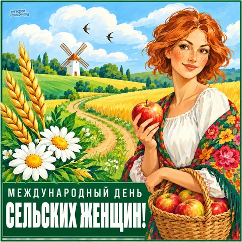 Открытка «День сельских женщин девушка с яблоком у мельницы»