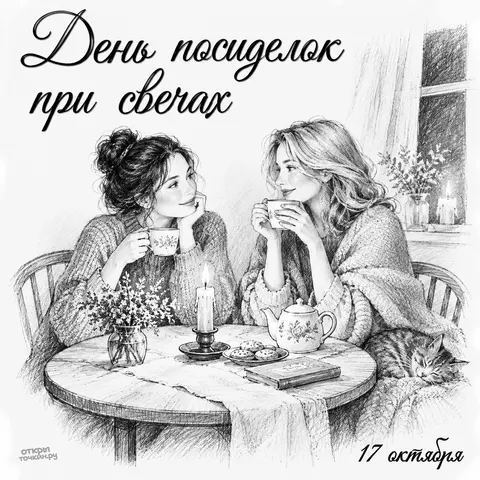 Открытка «День посиделок при свечах, две подруги за чаем при свечах, 17 октября»