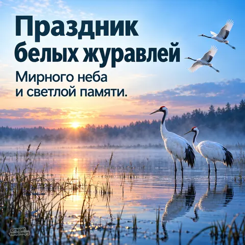 Открытка «Праздник белых журавлей, журавли в тумане над озером, рассвет и летящие птицы, мирного неба и светлой памяти»