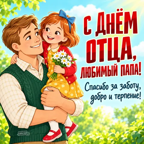 Открытка «С днём отца, папа с дочкой и букетом ромашек»