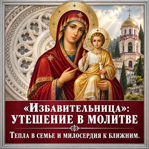 Открытка «Икона Избавительница, каменная розетка и храм с золотым куполом, утешение в молитве, тёпла в семье и милосердия к ближним» — Праздник иконы Божией Матери «Избавительница»