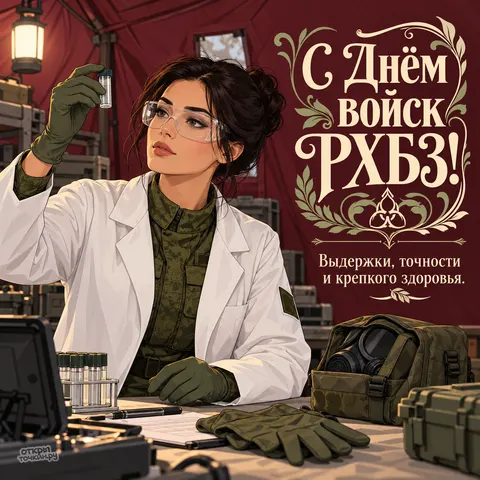Открытка «День войск РХБЗ, лаборантка в халате с пробиркой в полевой лаборатории» — День войск радиационной, химической и биологической защиты