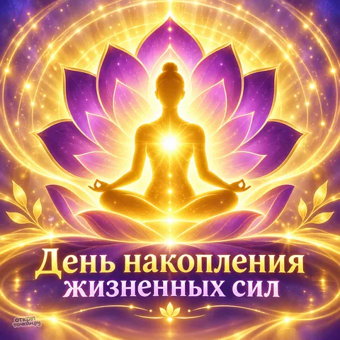 Открытка «День накопления жизненных сил, золотая медитация в сиянии на фоне лотоса»