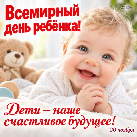 Открытка «Всемирный день ребёнка, улыбающийся малыш в белом»