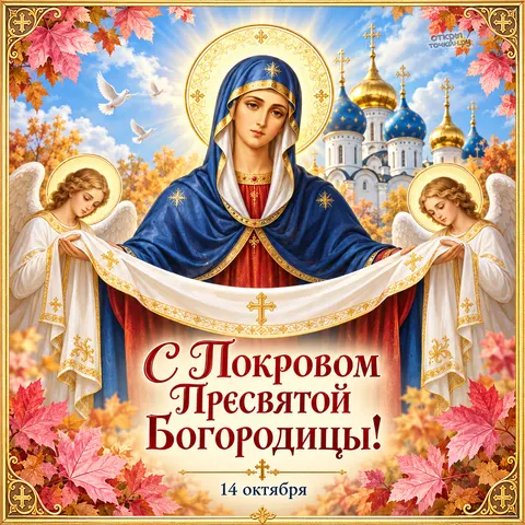 Открытка «Покров Пресвятой Богородицы, Богородица и ангелы с омофором, храм, осенняя листва, 14 октября»