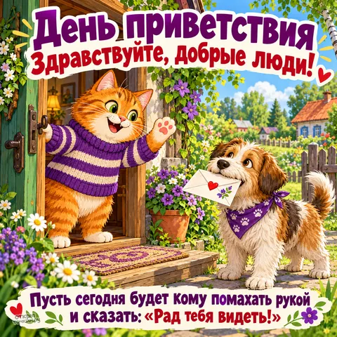 Открытка «Всемирный день приветствия, кот и собака с письмом у порога дома»