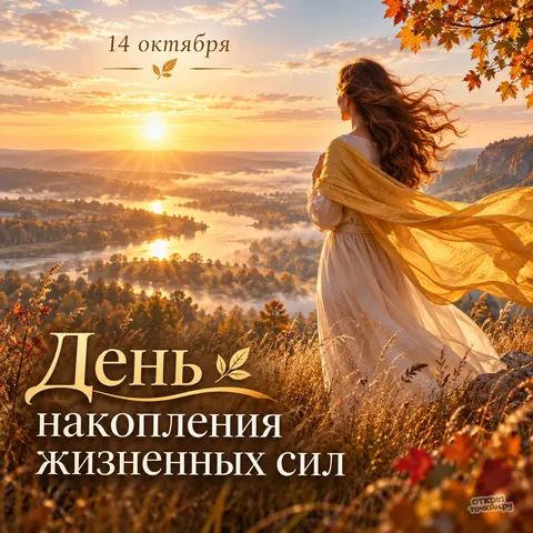Открытка «День накопления жизненных сил, 14 октября, девушка в шали на осеннем рассвете над рекой»