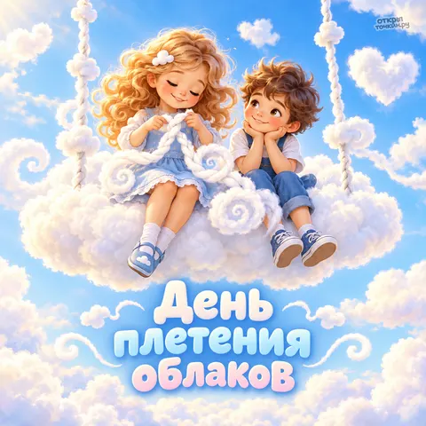 Открытка «День плетения облаков, девочка плетёт косу на облачных качелях с мальчиком»