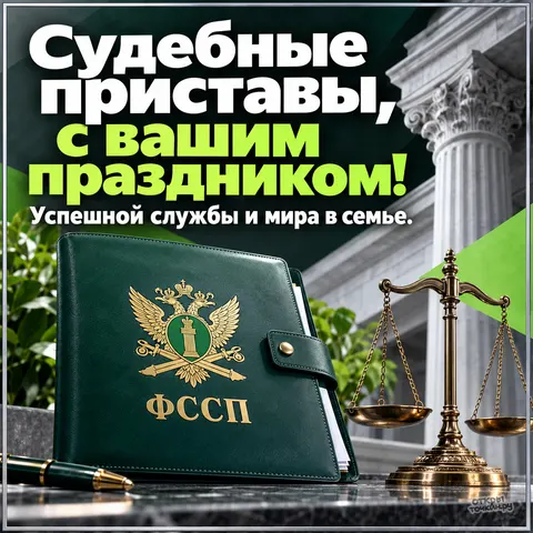 Открытка «День судебного пристава, папка с гербом ФССП, золотые весы, ручка и колонна»