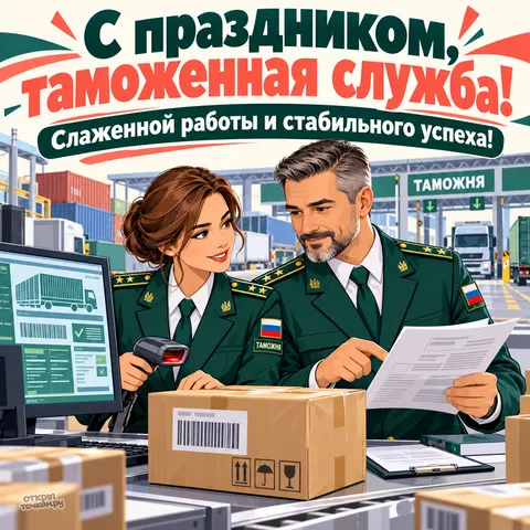 Открытка «День таможенника, коллеги на пункте, сканер у коробки, документы и контейнеры» — День таможенника Российской Федерации
