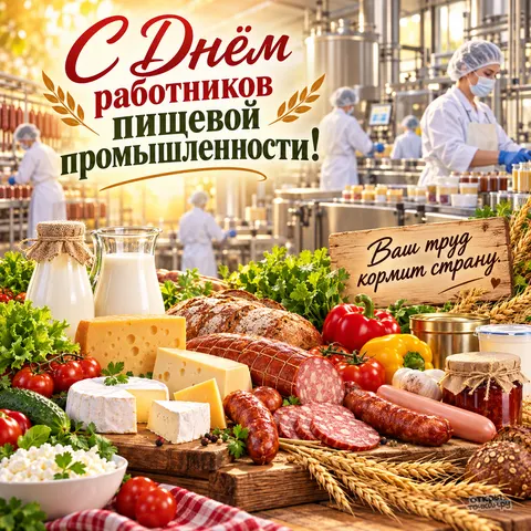 Открытка «День работников пищевой промышленности, ваш труд кормит страну, продукты на фоне пищевого производства»
