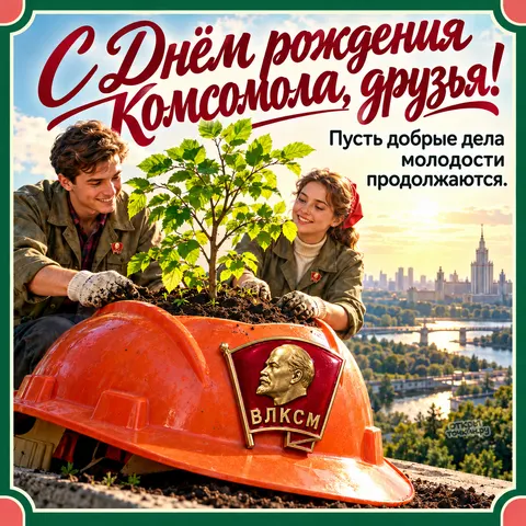 Открытка «День рождения Комсомола, парень и девушка сажают дерево в оранжевую каску»