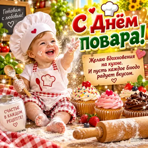 Открытка «День повара, малыш повар с капкейками»