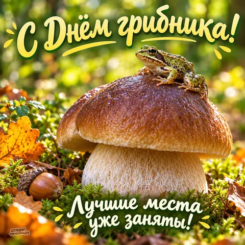 Открытка «С днём грибника и лягушка»