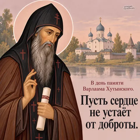 Открытка «День памяти преподобного Варлаама Хутынского, благословение у реки и храма на закате»