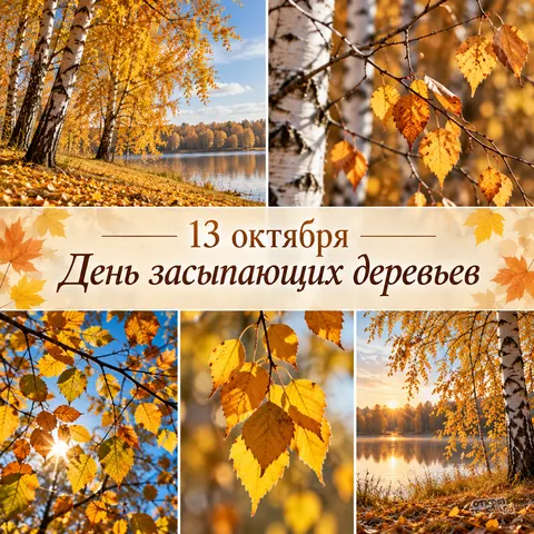 Открытка «День засыпающих деревьев, коллаж золотых берёз»