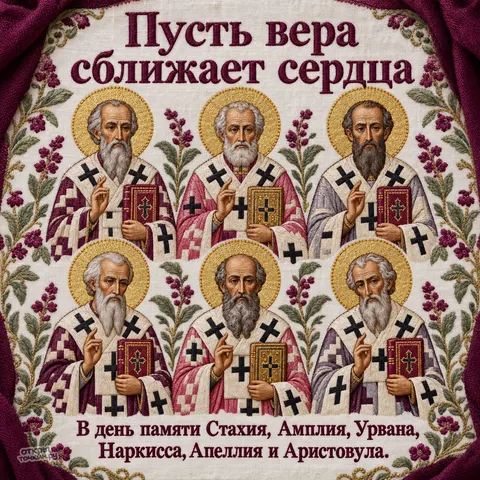 Открытка «День памяти шести апостолов, вышитые образы шести апостолов с Евангелиями» — День памяти апостолов от 70-ти Стахия, Амплия, Урвана и прочих