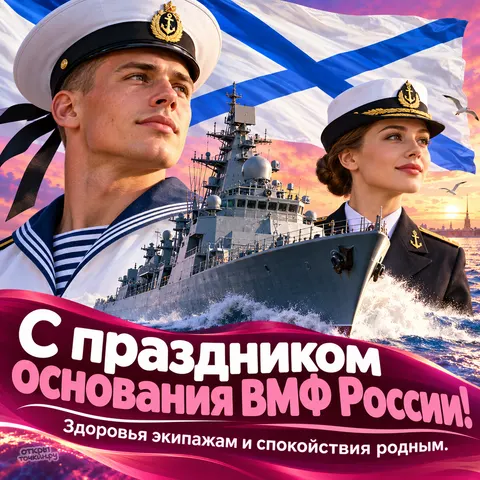 Открытка «День рождения ВМФ, моряк и морячка с кораблём, Андреевский флаг и закат над Петербургом» — День моряка-надводника