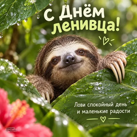 Открытка «Международный день ленивца, ленивец выглядывает из зеленого листа с каплями и цветком»