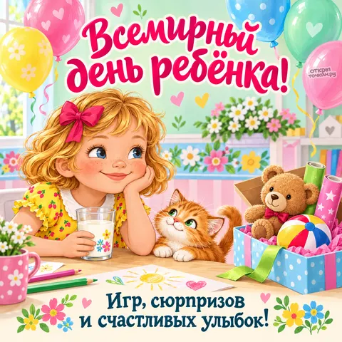 Открытка «Всемирный день ребёнка, девочка котёнок и коробка игрушек»