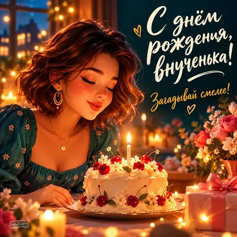 Открытка «День рождения» — Тёплое желание у праздничного торта