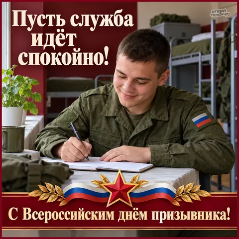 Открытка «Всероссийский день призывника, призывник пишет письмо в казарме у окна»