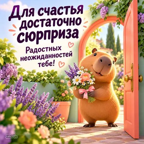 Открытка «Праздник приятных неожиданностей, капибара с букетом у открытой двери и лавандой»