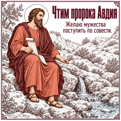 Открытка «День памяти пророка Авдия, пророк Авдий на скале со свитком у ручья»