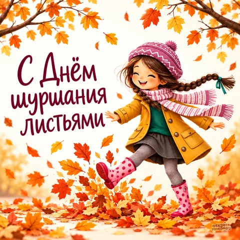 Открытка «С Днём шуршания листьями, девочка в жёлтом пальто»