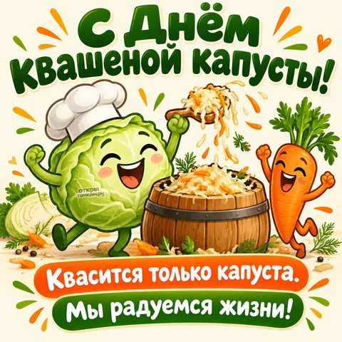 Открытка «День квашеной капусты, весёлый кочан и морковка у бочонка»