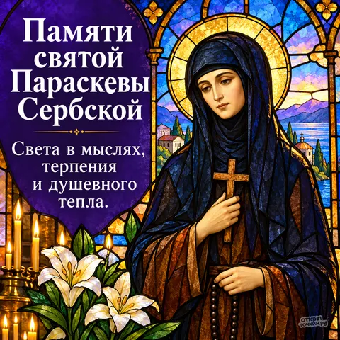 Открытка «День памяти Параскевы Сербской, витражный образ со свечами и лилиями, света в мыслях терпения и душевного тёпла» — День памяти преподобной Параскевы Сербской