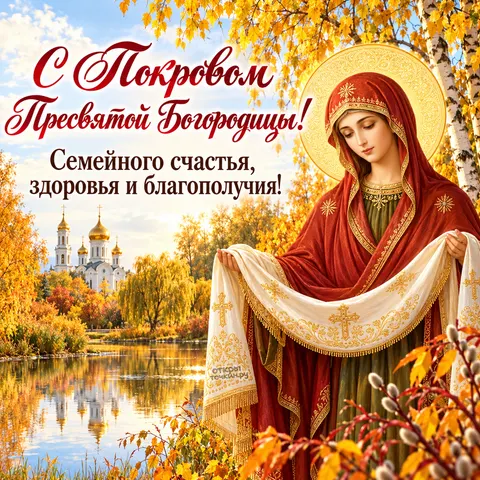 Открытка «Покров у осеннего храма» — Покров Пресвятой Богородицы