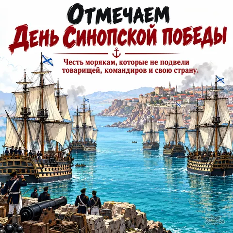 Открытка «День Синопской победы, моряки у пушки и эскадра в бухте» — День победы русской эскадры у мыса Синоп