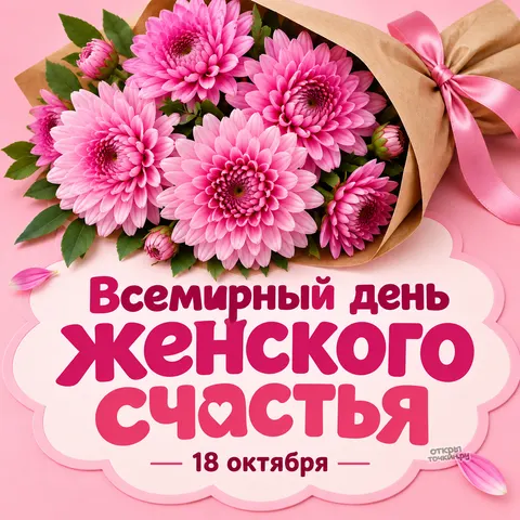 Открытка «День женского счастья, всемирный день, букет розовых хризантем, 18 октября»