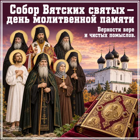 Открытка «Собор Вятских святых, день молитвенной памяти, пятиглавый храм у закатной реки, Евангелие в окладе, верности вере и чистых помыслов»