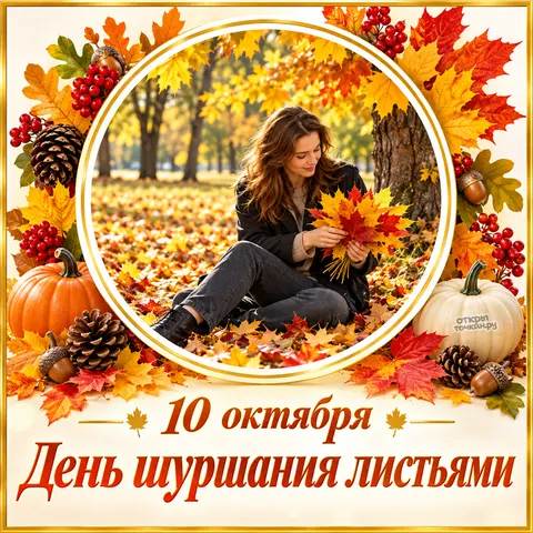 Открытка «День шуршания листьями, девушка с букетом осенних листьев»