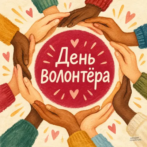 Открытка «День волонтёра, круг из разноцветных рук» — День добровольца