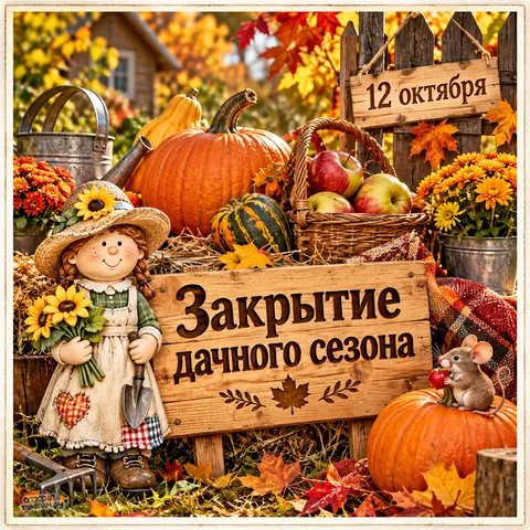 Открытка «Закрытие дачного сезона, кукла садовод и мышь»