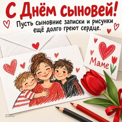 Открытка «День сыновей, детская открытка мама и сыновья с тюльпаном»