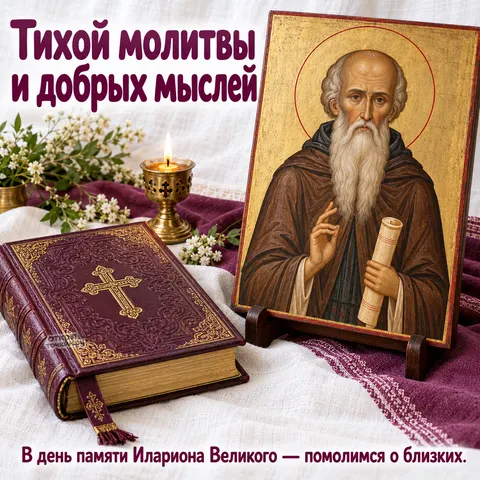 Открытка «День памяти Илариона Великого, икона свеча и Евангелие на белом полотне с цветами» — День памяти преподобного Илариона Великого