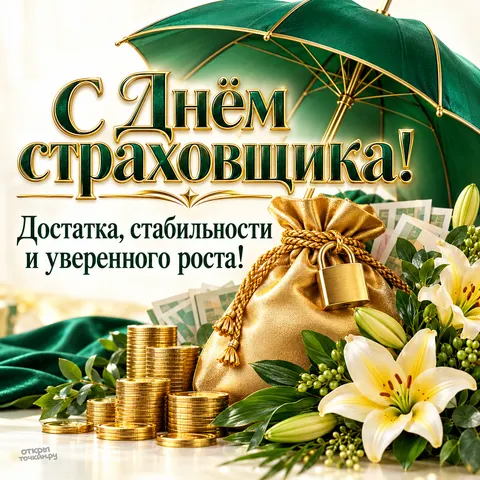 Открытка «С Днём страховщика, зелёный зонт золотые монеты и лилии» — День российского страховщика