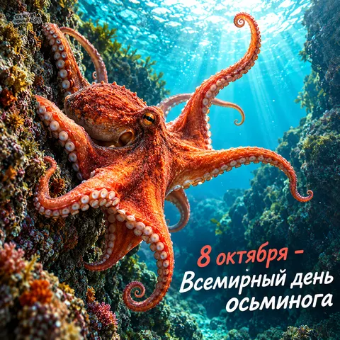 Открытка «Всемирный день осьминога, красный осьминог у подводной скалы»