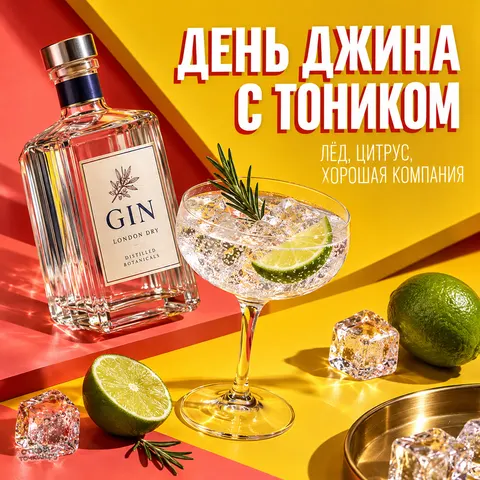 Открытка «Международный день джина с тоником, бутылка джина и бокал на жёлтом и красном фоне»
