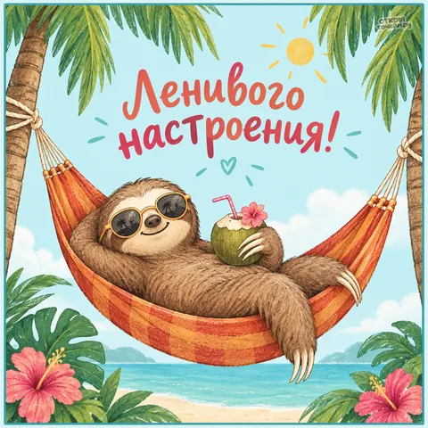 Открытка «Международный день ленивца, ленивец в солнечных очках в гамаке с кокосом на пляже»