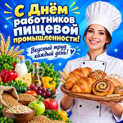 Открытка «День работников пищевой промышленности, вкусный труд каждый день, повар с выпечкой, овощи и злаки»