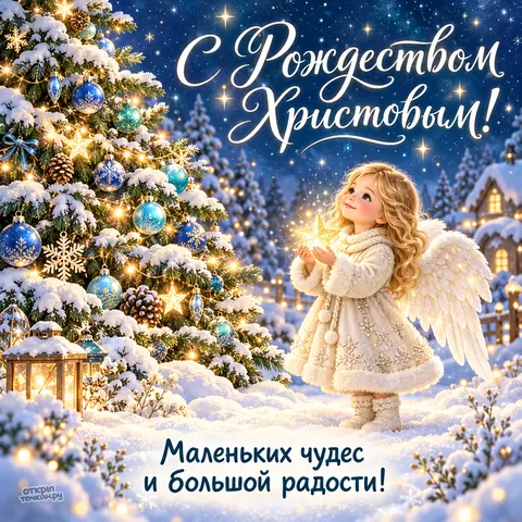 Открытка «С Рождеством Христовым, маленький ангел и ёлка с голубыми шарами»