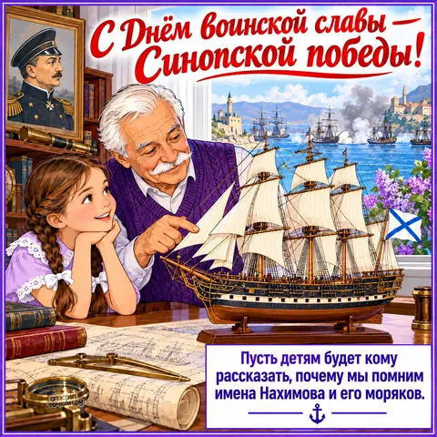Открытка «День Синопской победы, дедушка и внучка у модели парусника» — День победы русской эскадры у мыса Синоп