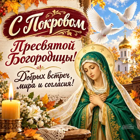 Открытка «С Покровом свеча и белые голуби» — Покров Пресвятой Богородицы
