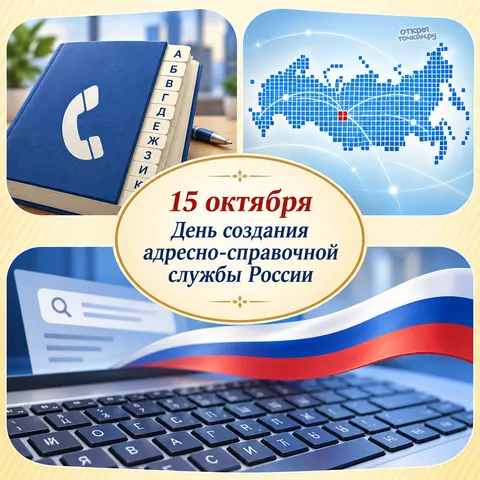 Открытка «День создания адресно-справочной службы, адресная книга, карта России и флаг на ноутбуке»