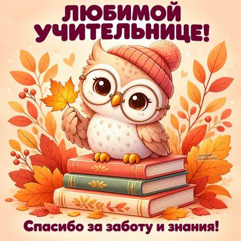 Открытка «Любимой учительнице, сова на книгах»